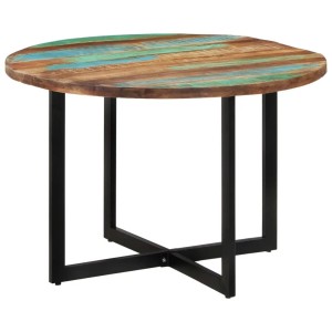 Mehrfarbiger runder Esstisch aus Altholz Massivholz mit schwarzem X-förmigem Metallgestell.