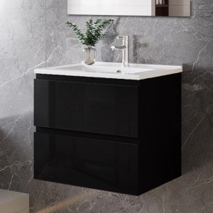 AICA Waschbecken mit Unterschrank, 60 cm, Schwarz Hochglanz. Badmöbel Set mit 2 Schubladen und Softclose.