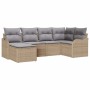 Beiges 6-tlg. vidaXL Garten-Sofa-Set aus Poly Rattan mit grauen Kissen.