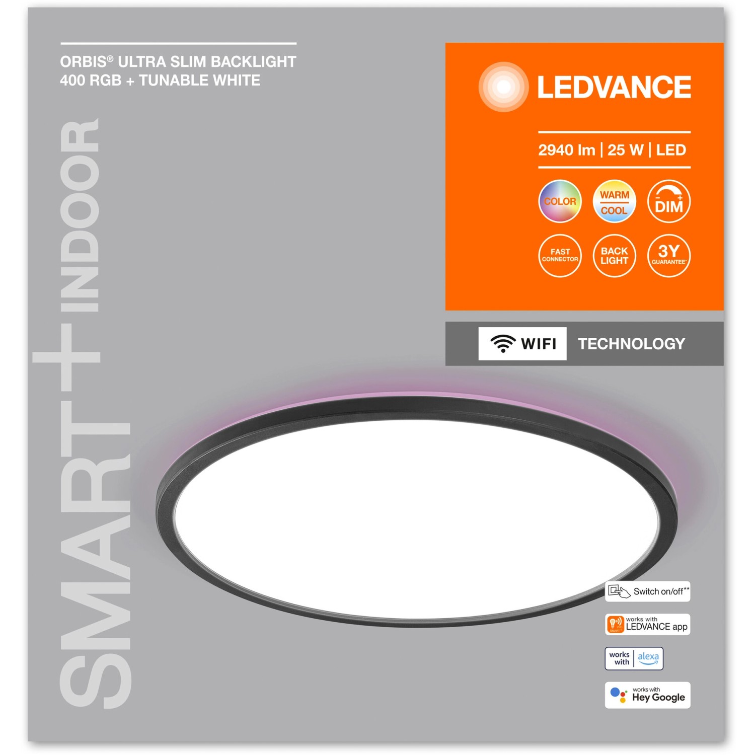 Ledvance Smart+ LED-Deckenleuchte Orbis Ultra Slim, schwarz, mit Rücklicht und Farbwechsel.