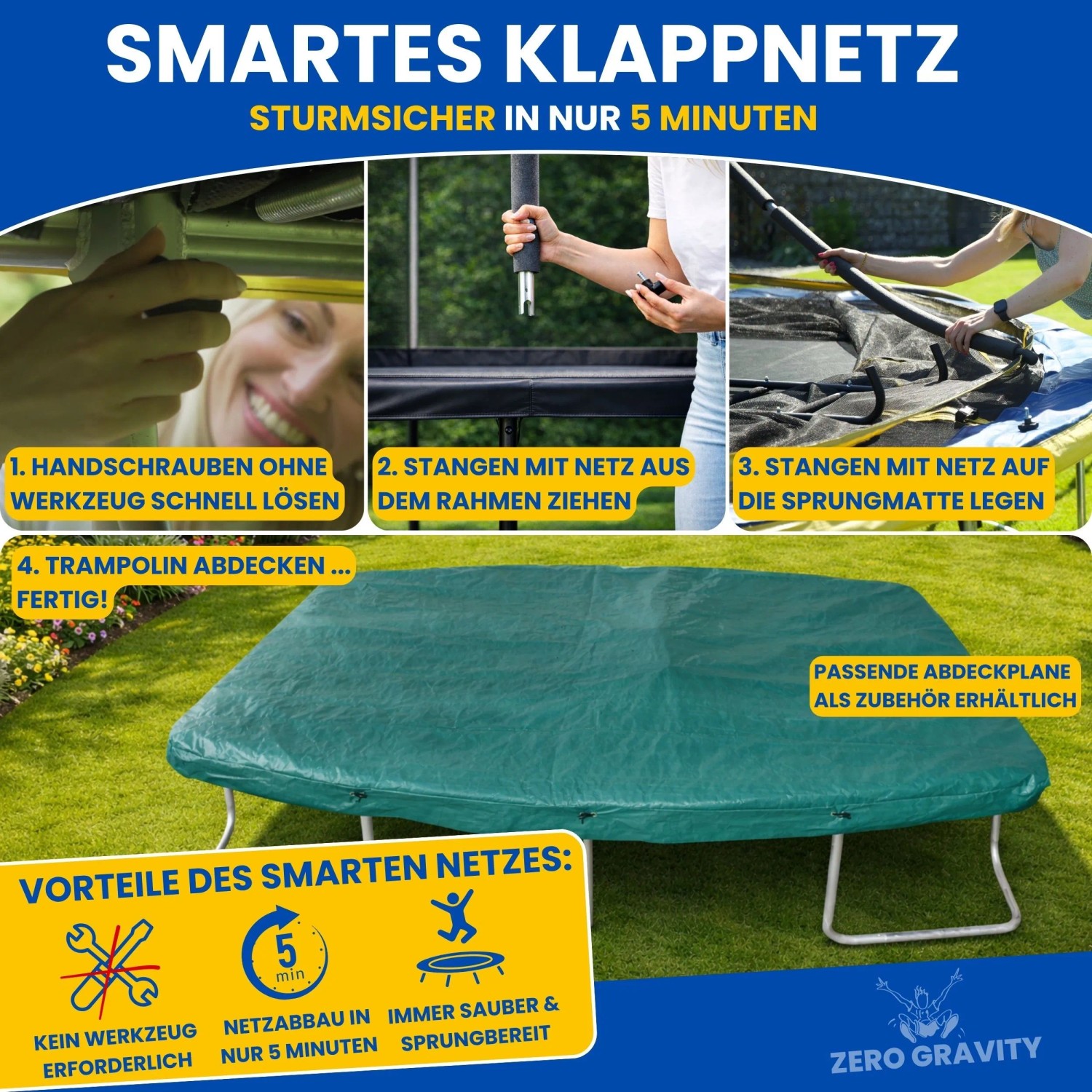 Zero Gravity Outdoor Trampolin 457x305cm TÜV GS Smartes Klappnetz mit Leiter und Bodenanker_2