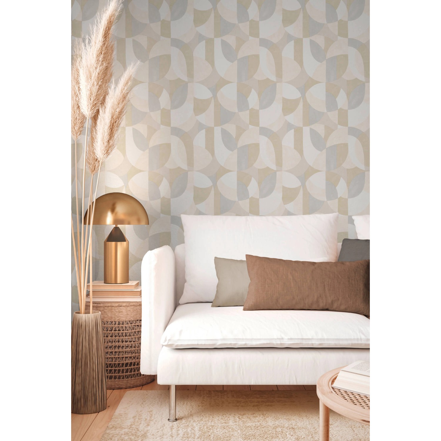 PROFHOME Retro Tapete in Grau, Creme-Weiß und Beige mit grafischem Muster im Wohnraum.