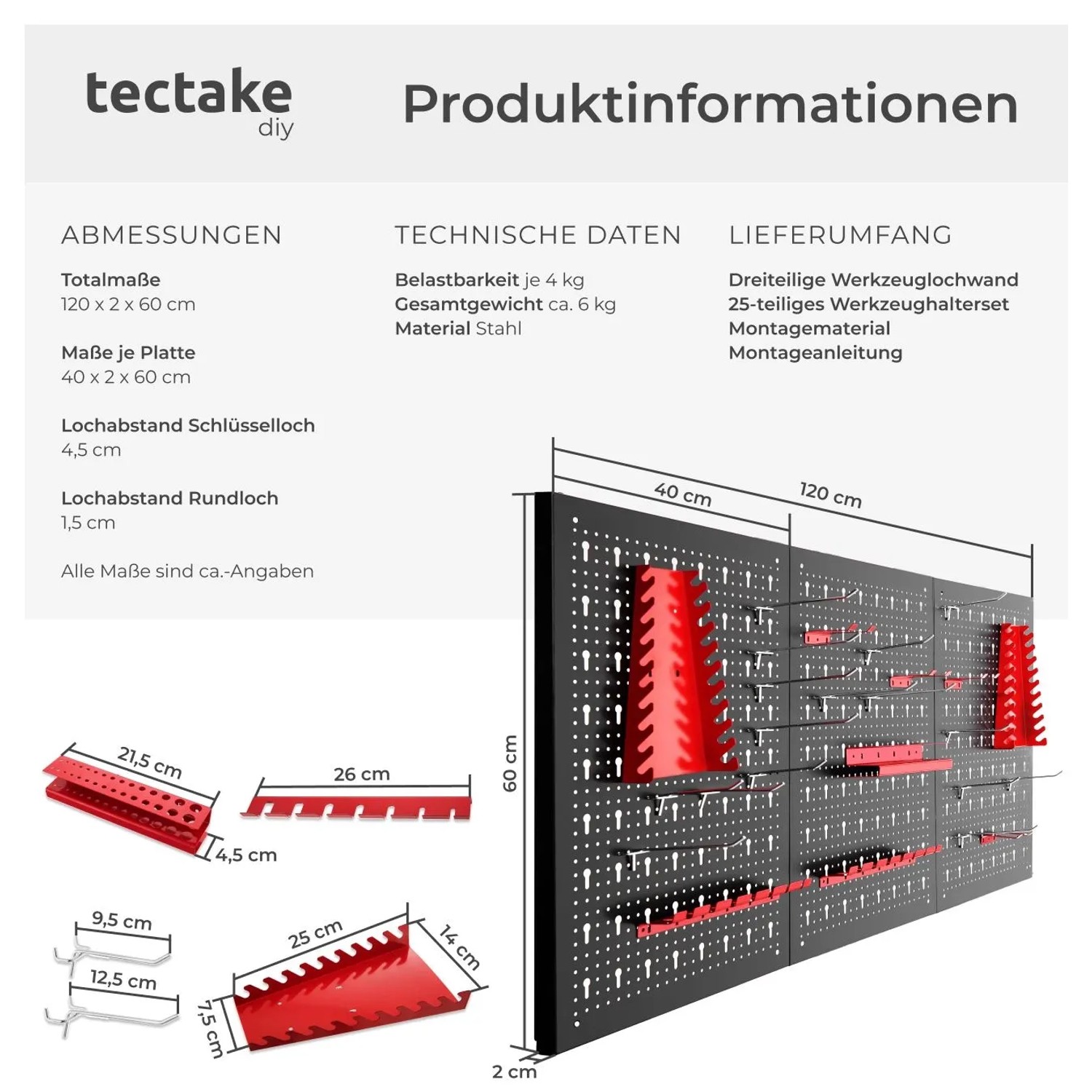 Tectake Werkzeuglochwand, dreiteilig mit 25 Haken und Halterungen, Stahl, schwarz/rot.