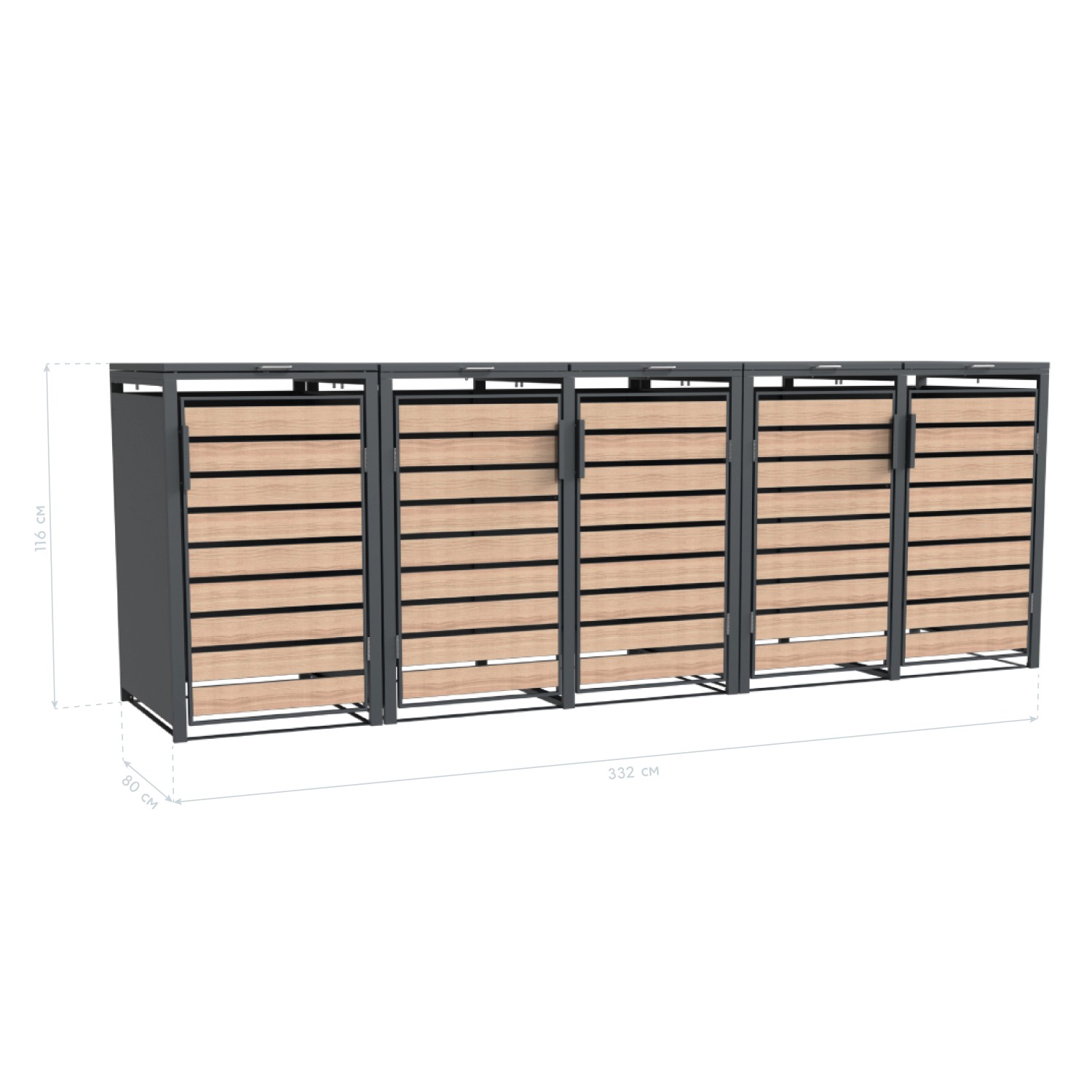 Westmann Mülltonnenbox Lacina für 5 Tonnen, anthrazitfarbener Stahlrahmen mit Holzoptik-Füllung.