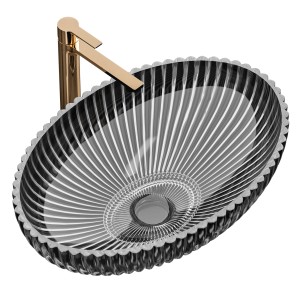 Ovales Emke Aufsatzwaschbecken aus schwarzem Glas mit Armatur. Modernes Design für Ihr Badezimmer.