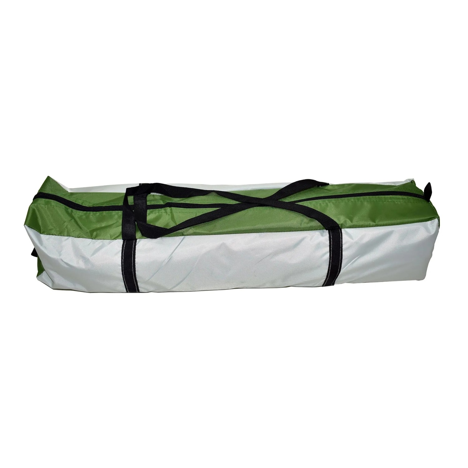 Verpackte Leco Zeltplane 430x370 cm in Grün-Weiß mit Tragetasche.
