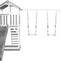 Axi Beach Tower Spielturm mit Doppelschaukel und grauer Rutsche, 349x357x242 cm.
