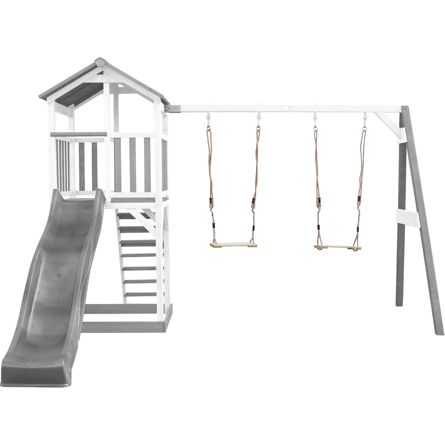 Axi Beach Tower Spielturm mit Doppelschaukel und grauer Rutsche, 349x357x242 cm.