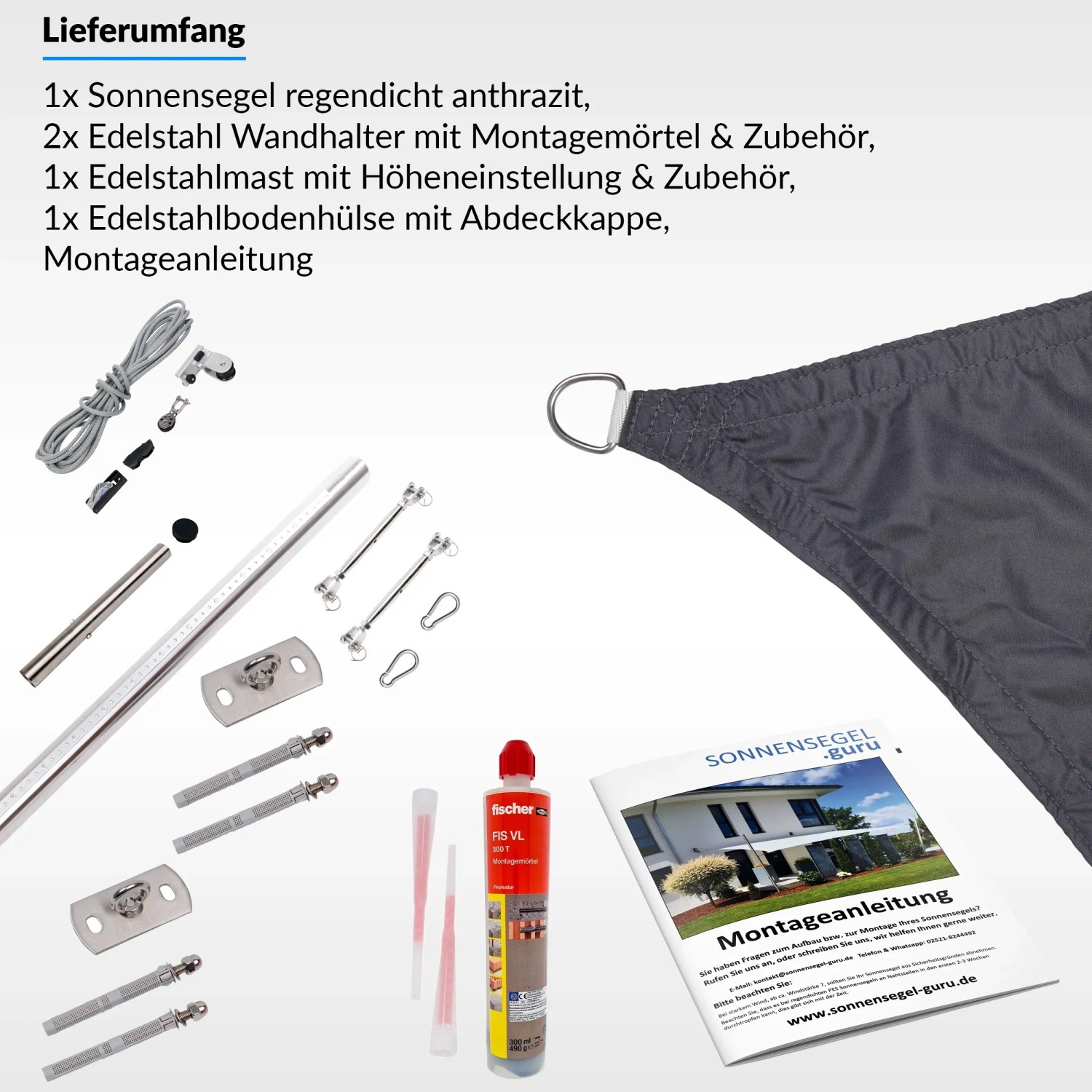 Toldoro Sonnensegel Komplettset Anthrazit mit Zubehör, Mast, Halterung und Montageanleitung.