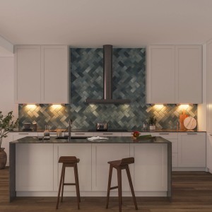 Moderne Küche mit Philips LED-Röhre T5 G5 unter Hängeschrank für helles Licht.