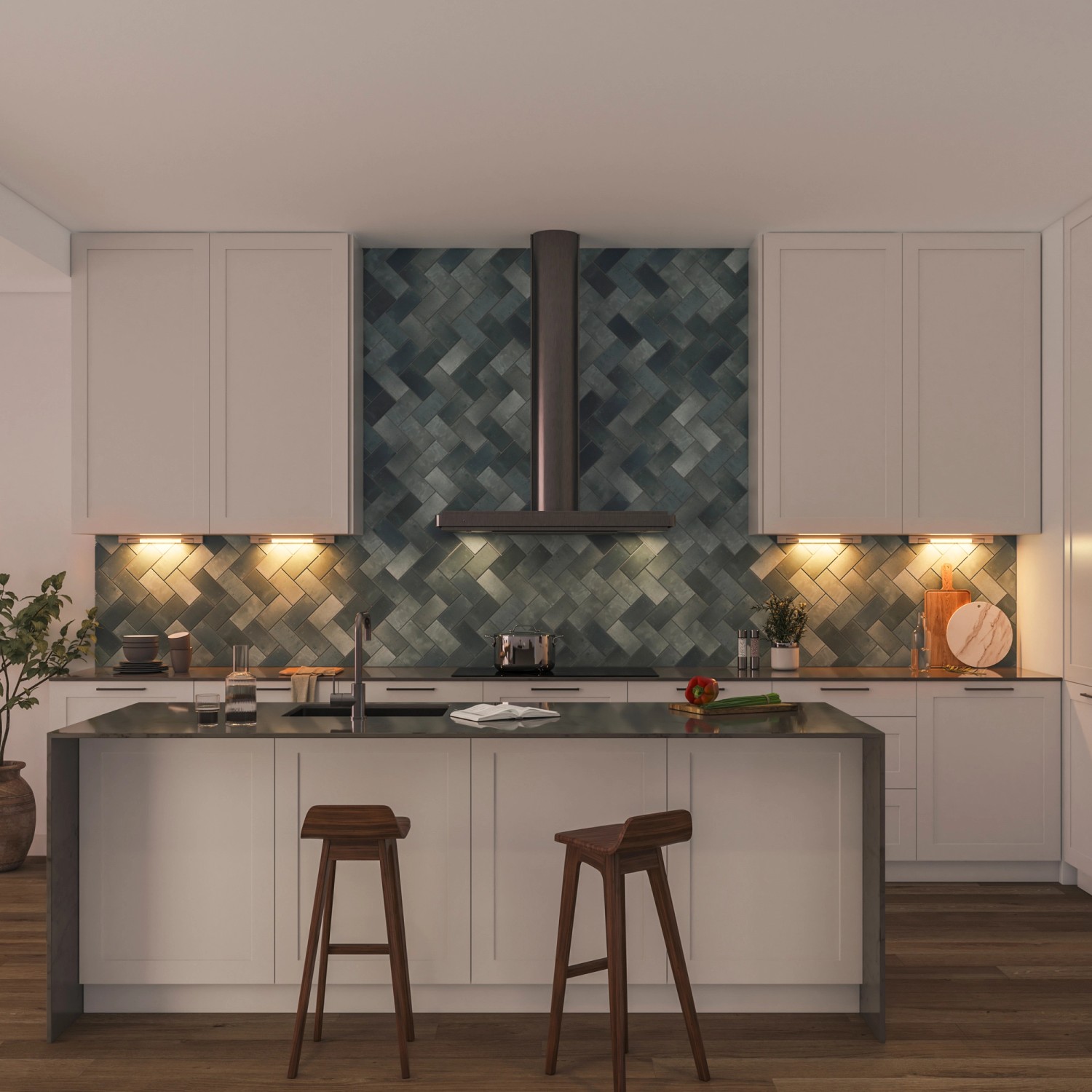 Moderne Küche mit Philips LED-Röhre T5 G5 unter Hängeschrank für helles Licht.