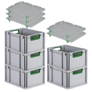 PROREGAL Sparset: 5 Euroboxen Nextgen Color mit Deckel, 22x30x40cm, Griffe grün, offen, glatter Boden.