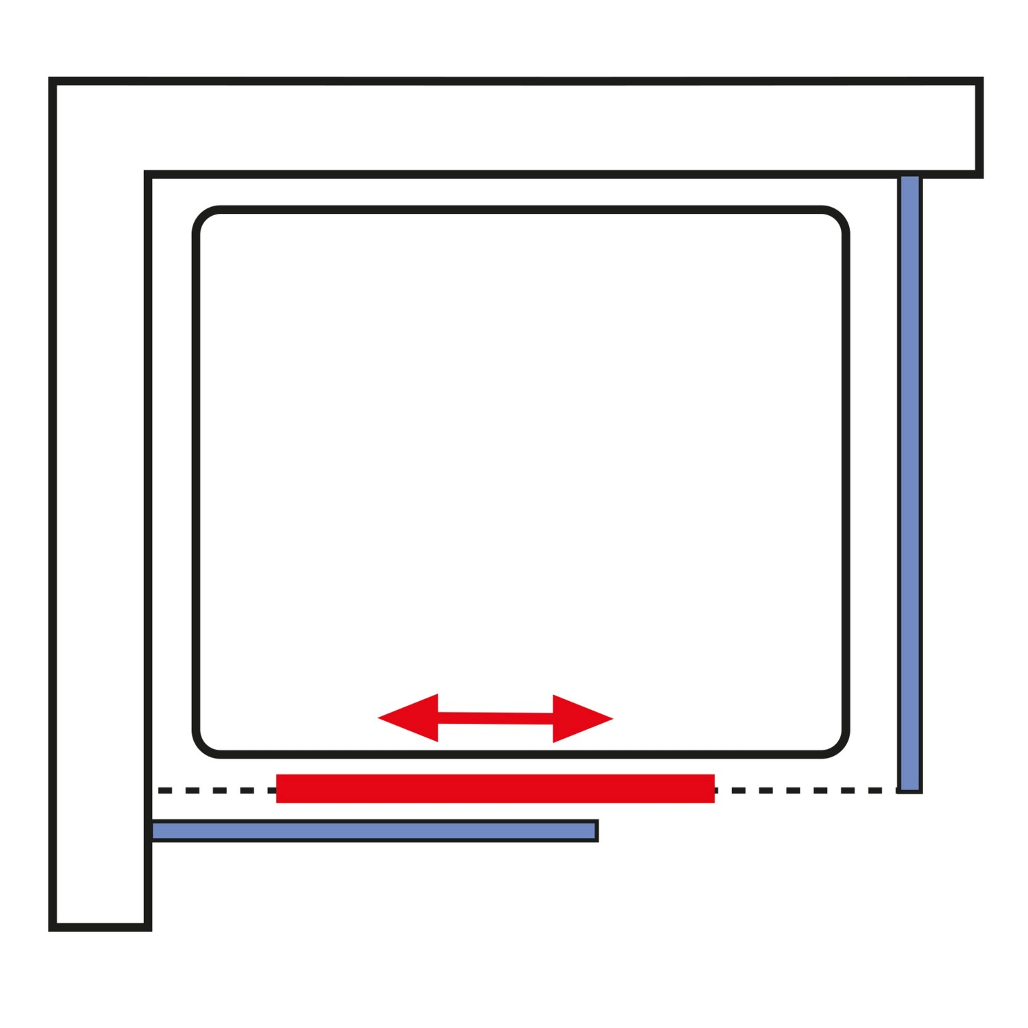 Skizze der Schulte Komplettduschkabine Ibiza mit Schiebetür und Eckeinstieg.