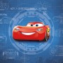 Komar Fototapete Cars 3 Blueprint, 368x254 cm, mit Lightning McQueen auf blauem Hintergrund.