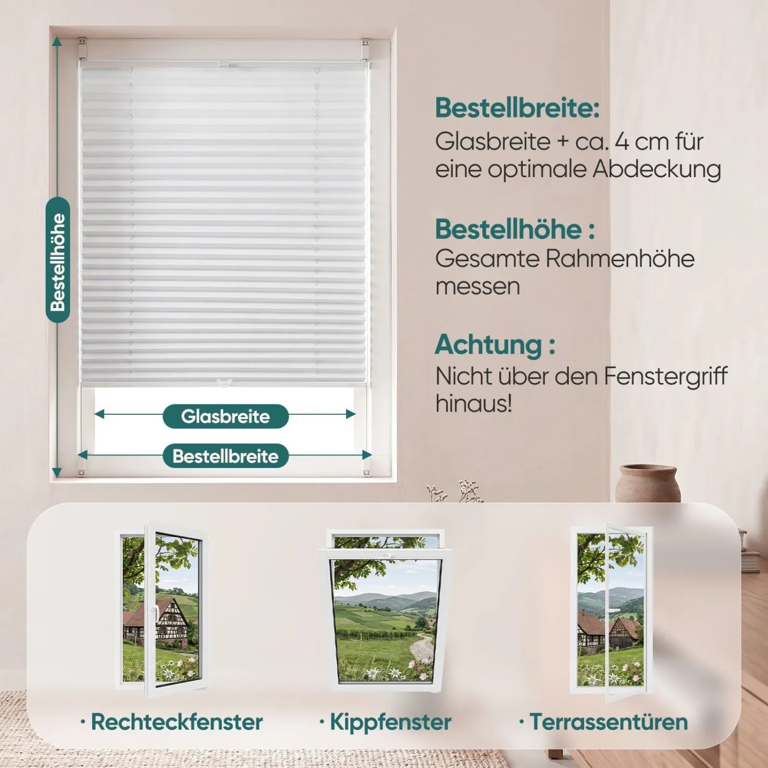 Weißes Sekey Verdunkelungsplissee, Klemmfix ohne Bohren. Messanleitung für Fenster und Terrassentüren, zeigt Montageoptionen.