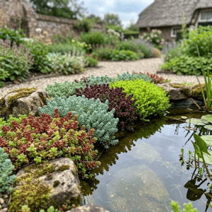 Vielfarbiger Sedum Fetthenne Mix als Bodendecker am Teichrand mit Steinen. Winterharte Steinpflanzen für den Garten.