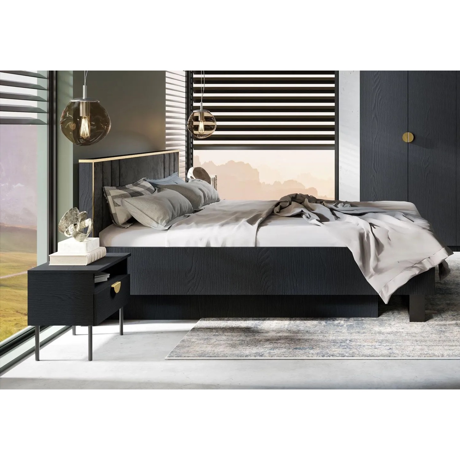 Feldmann-Wohnen Schlafzimmer-Set -teilig Mond, anthrazit 269 / 210 / 97cm, ohne Dekoration, Lattenrahmen, Matratze