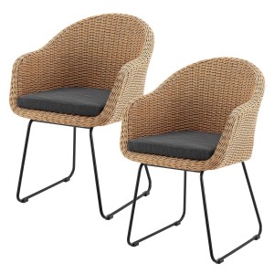 2er Set Juskys Gartenstühle Cody aus Rattan mit schwarzen Eisenbeinen und Sitzkissen.