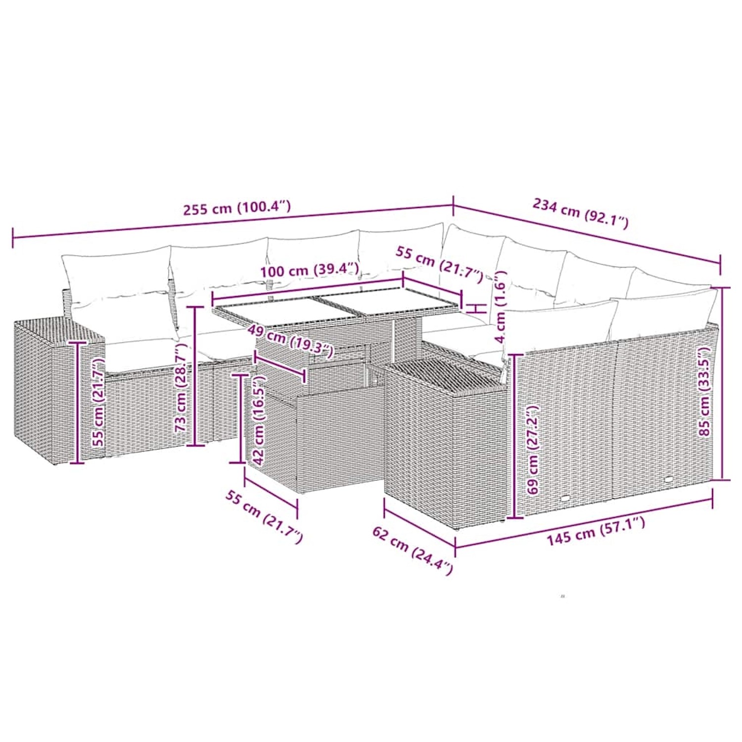 Graue 9-tlg. vidaXL Garten-Sofagarnitur aus Polyrattan mit Kissen und Akazienholz, Maße eingezeichnet.