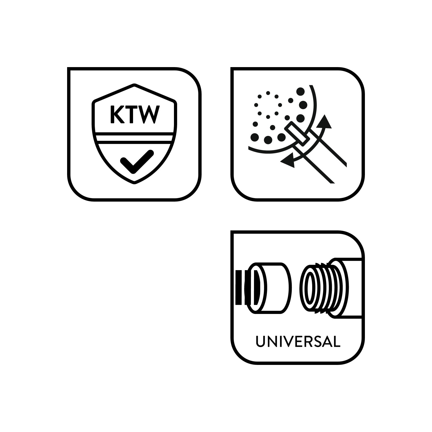 Piktogramme der baliv Handbrause: KTW-Zertifikat, Strahlarten, Universalanschluss.