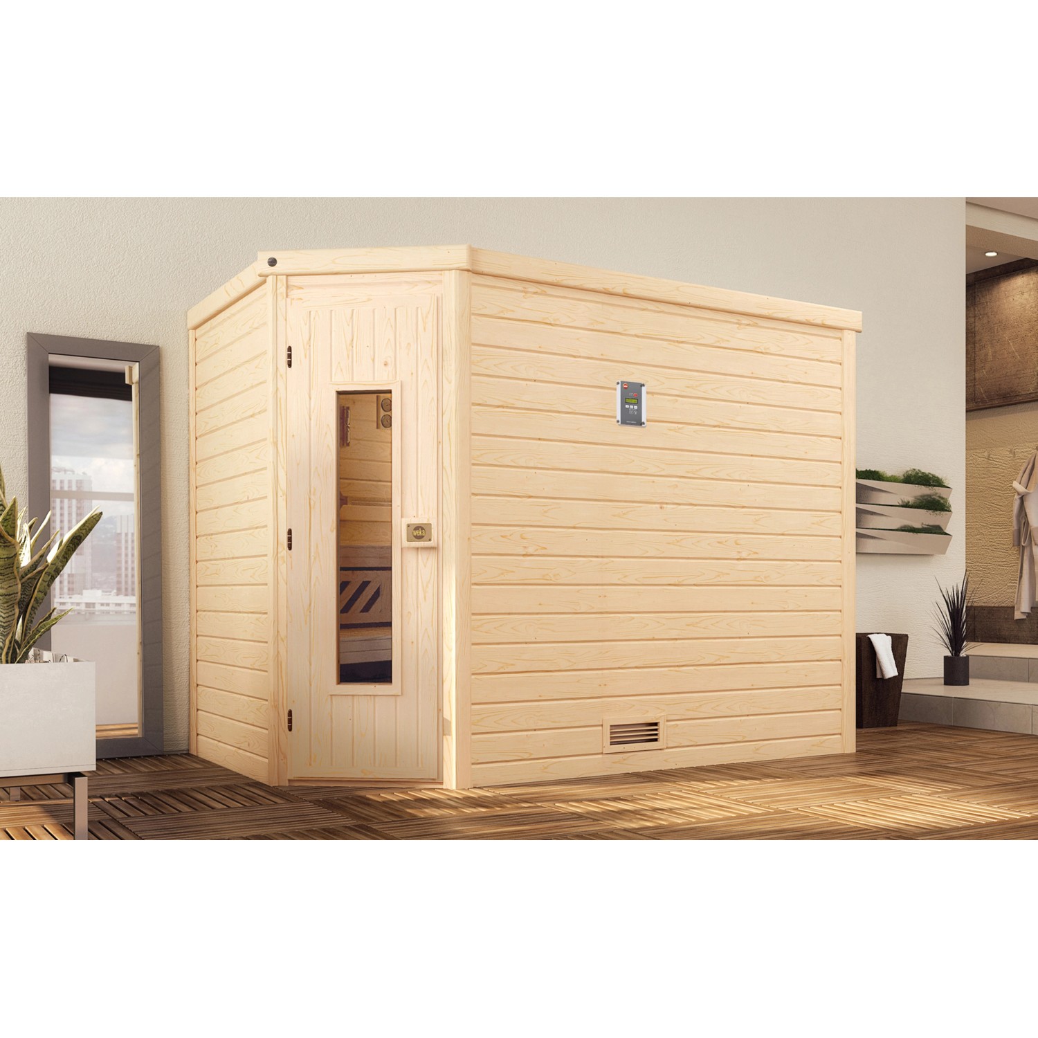 Weka Massivholzsauna Turku 3 Sparset 9 kW BioS Holztür günstig online kaufen