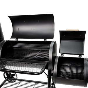 Schwarzer Taino Chief 130kg Smoker Grill mit geöffneten Klappen und Rosten.
