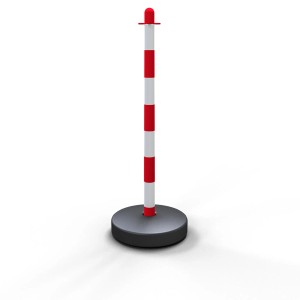 Schake Kettenständer mit rot-weißem Kunststoffrohr und befüllbarem Fuß.