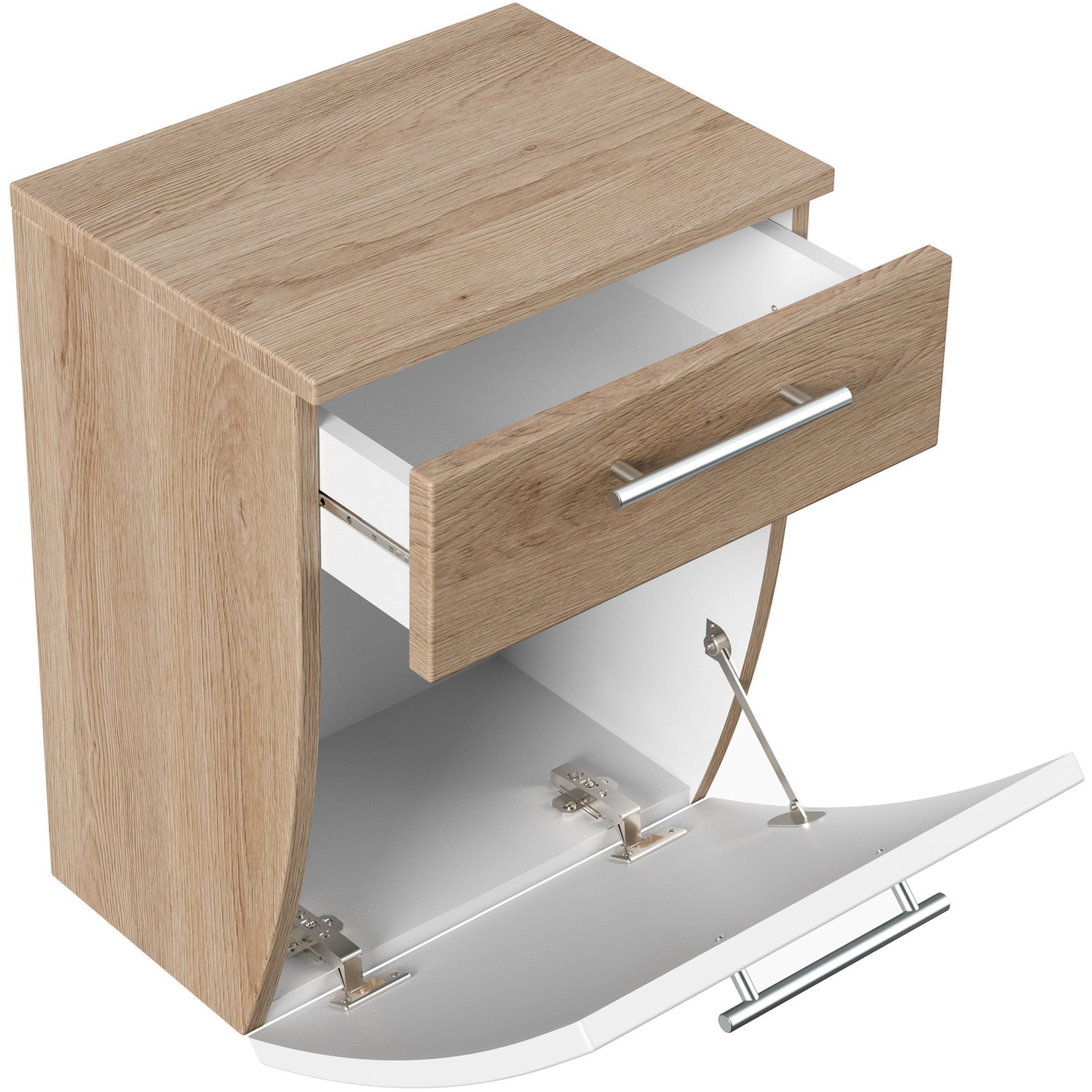 Posseik Bad-Hängeschrank Salona in Eiche hell mit Schublade und Tür geöffnet.