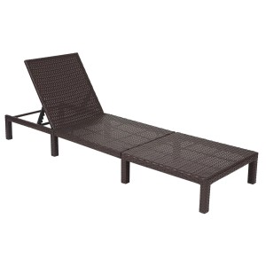 Braune Poly-Rattan Sonnenliege mit verstellbarer Rückenlehne, ohne Kissen.