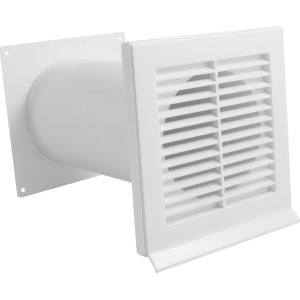 Weißer Marley Teleskopkanal Ø 150 mm mit Rückstauklappe für Mauerlüfter.