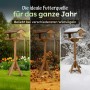 Moorland VH4 Vogelhaus aus Holz mit Ständer, dargestellt im Frühling, Herbst und Winter.