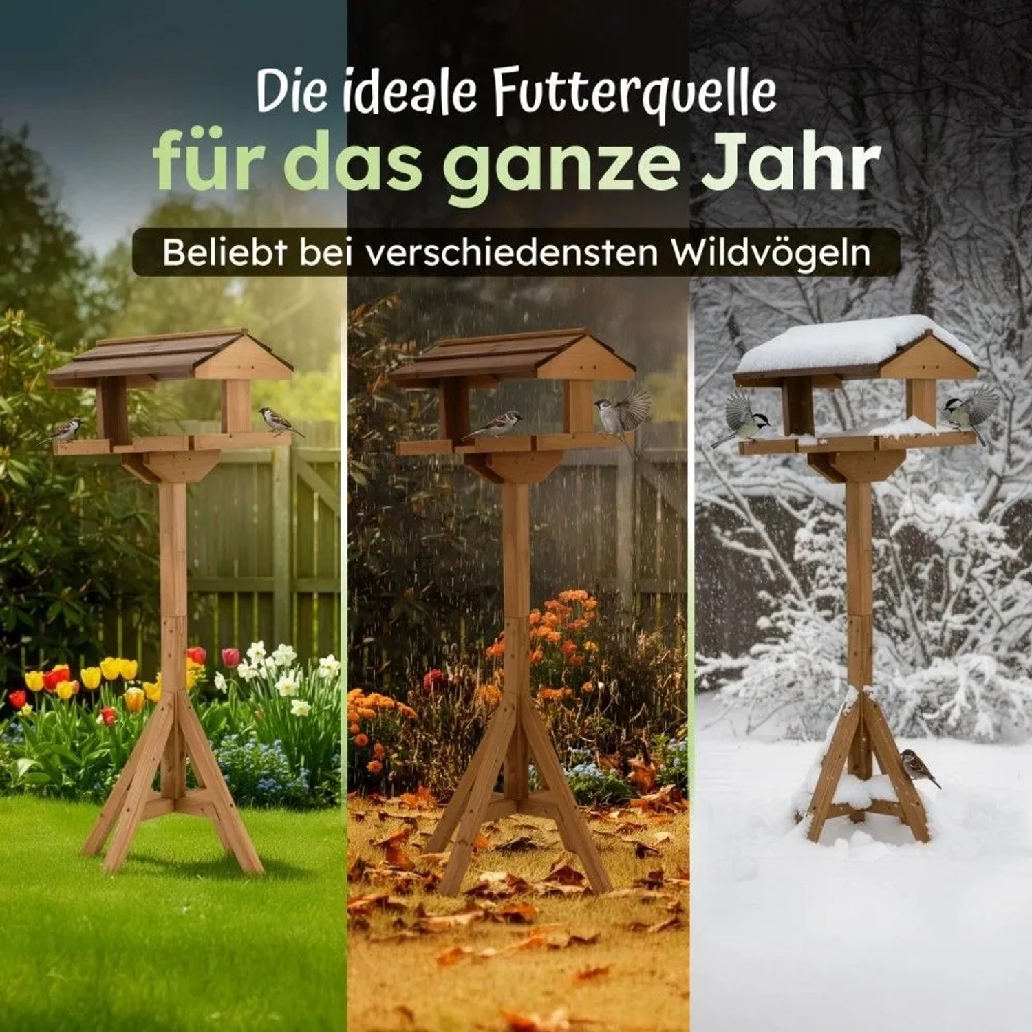 Moorland VH4 Vogelhaus aus Holz mit Ständer, dargestellt im Frühling, Herbst und Winter.
