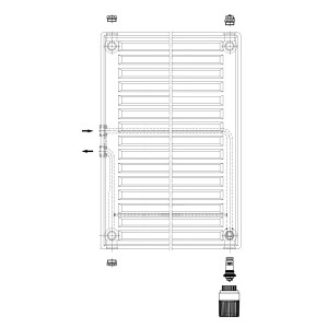 Technische Zeichnung eines weißen Flachheizkörpers 60x60 cm mit Mittelanschluss.