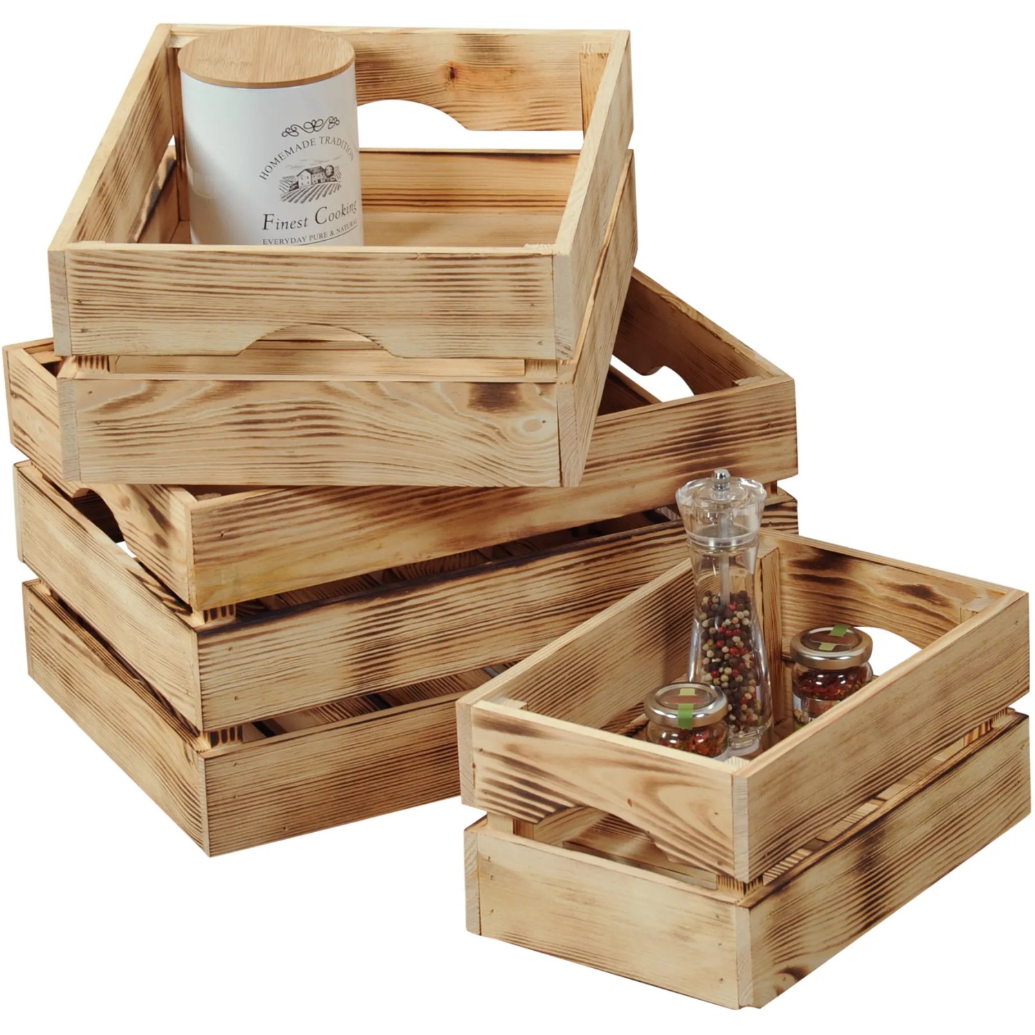 Geflammte Kesper Holzkiste aus Kiefer, 15x20x30 cm, 9 Liter, gestapelt. Ideal zur Aufbewahrung.