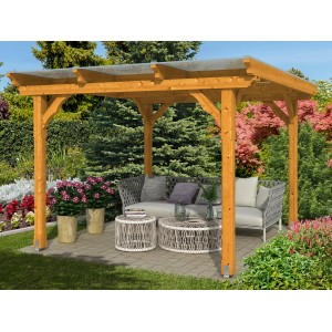 Holz-Pavillon Marseille, Eiche hell lasiert, 274x304 cm. Gartenlaube mit Sitzgruppe im Grünen.