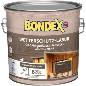 Dunkelgraue Bondex Wetterschutz-Lasur im 2,5 l Eimer für Holzoberflächen im Außenbereich.