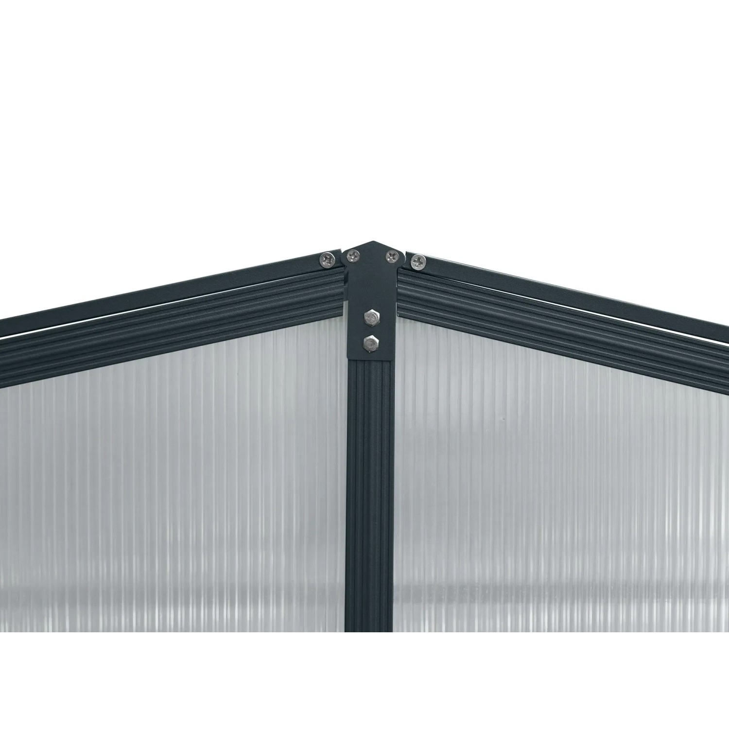 Floraworld Gewächshausaufsatz: Anthrazitfarbener Aluminiumrahmen mit transparenten Twin-Wall Platten, Detailansicht der Ecke.