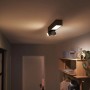 Schwarze Philips Hue Centris LED-Deckenleuchte mit 2 Spots, warmweißes Licht im Flur.