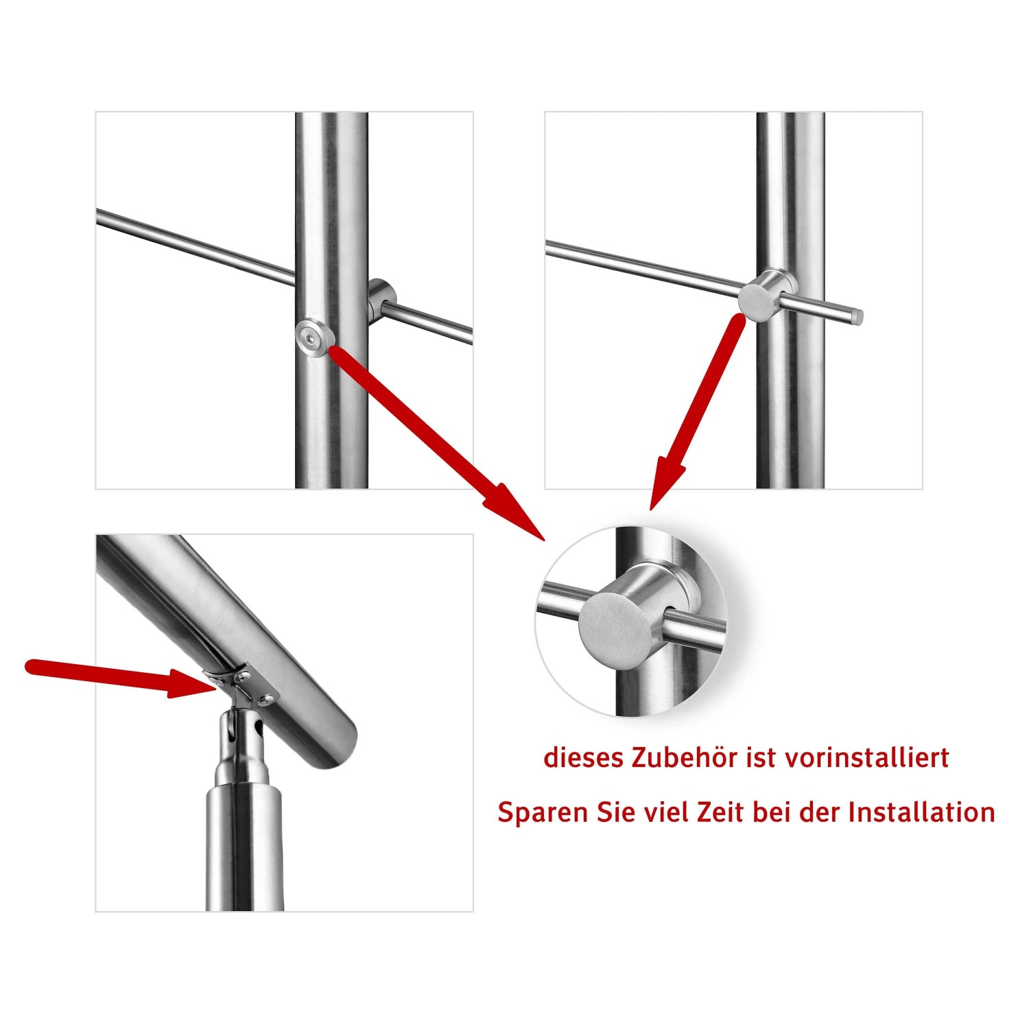 Detailansicht Edelstahl-Treppengeländer mit 3 Querstäben, Zubehör für Treppen und Geländer.