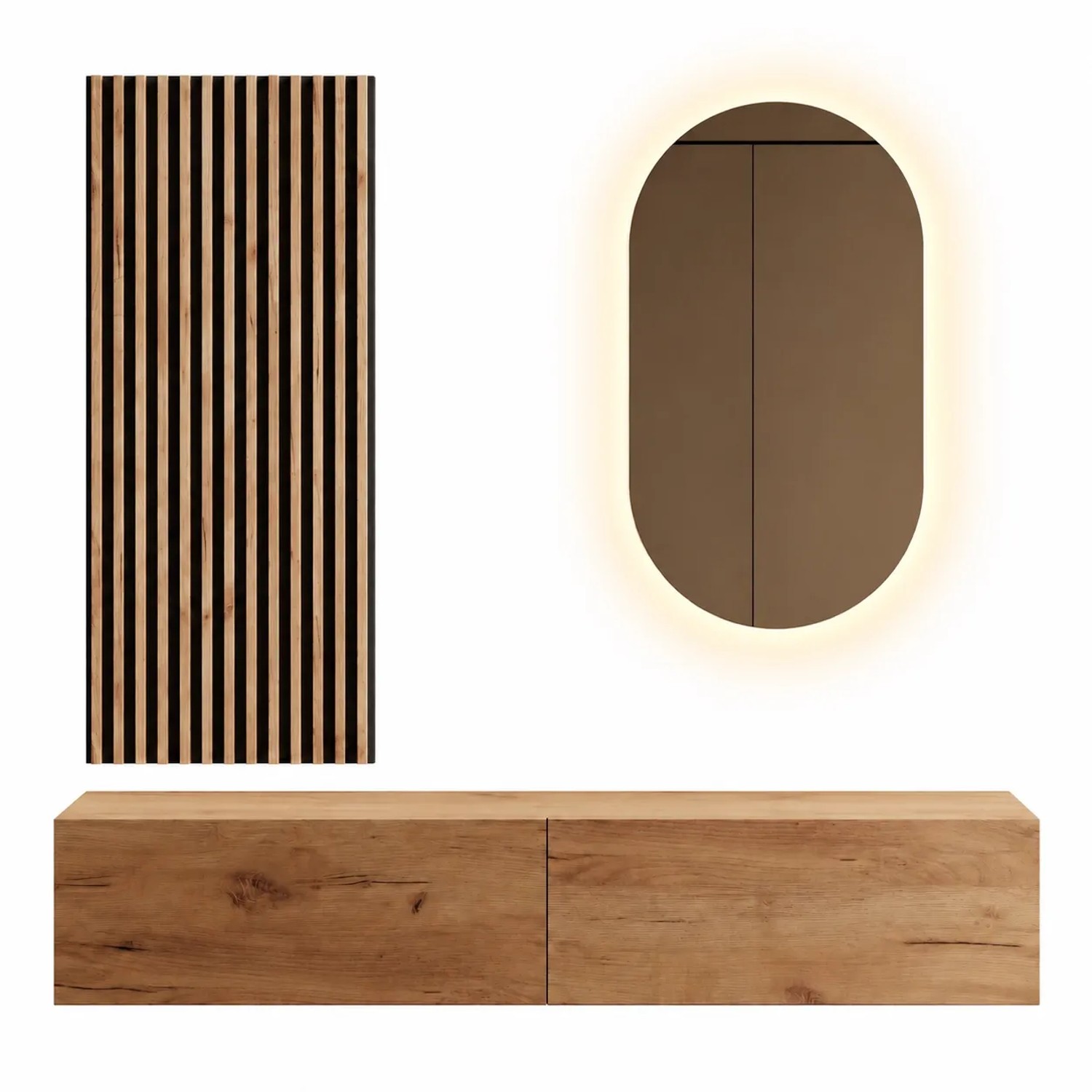 Planetmöbel Flurgarderobe Set 160 cm Gold Eiche mit Wandpaneel und LED Spiegel Dimmbar