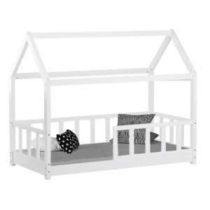 Weißes Homestyle4u Hausbett 80x160 mit Lattenrost, Kinderbett im Hausdesign mit Rausfallschutz.
