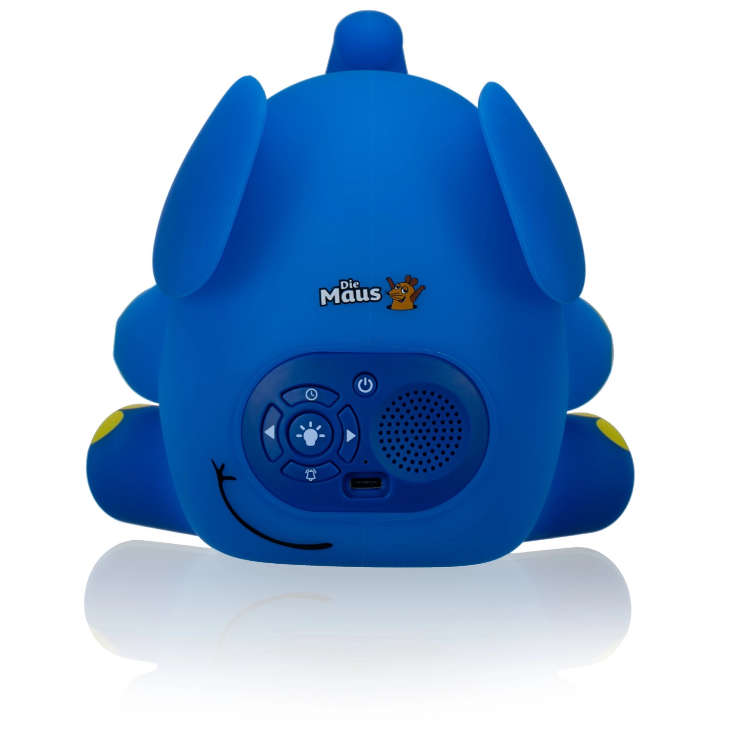 Blauer DieMaus Lichtwecker im Elefant-Design für Kinder, mit Bedienfeld auf der Rückseite.