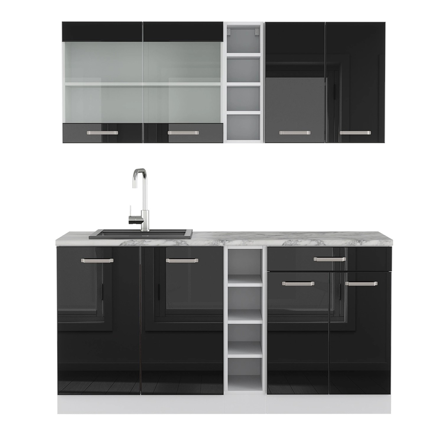 Vicco R-Line Mini-Küche Schwarz Hochglanz 160 cm AP Marmor günstig online kaufen