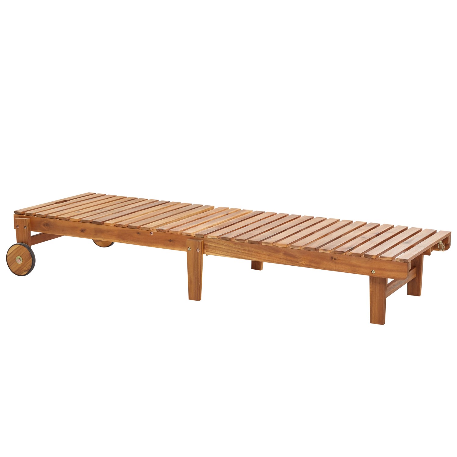 Helle Holzfarbene Gartenliege mit Rollen, Rückenlehne verstellbar, ideal für Terrasse und Garten.