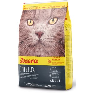 Josera Catelux Katzen-Trockenfutter, 400g Packung mit Katzenbild, gegen Haarballen.