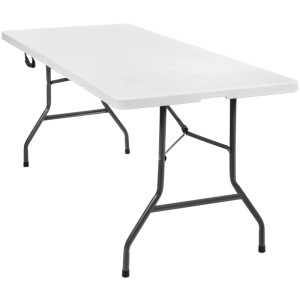 Weißer, klappbarer Tectake Campingtisch aus Kunststoff, 183x76x74 cm.