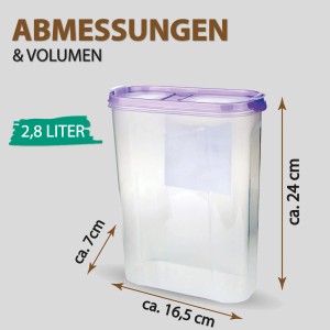 Bestlivings Frischhaltebox Schüttdose 2,8L, lila Deckel. Vorratsdose aus Kunststoff, transparent.