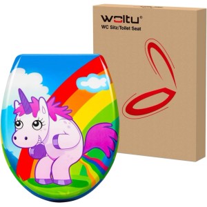 WOLTU WC-Sitz Duroplast mit Einhorn-Motiv, Regenbogen und Absenkautomatik. Bunter Toilettensitz für Kinder.