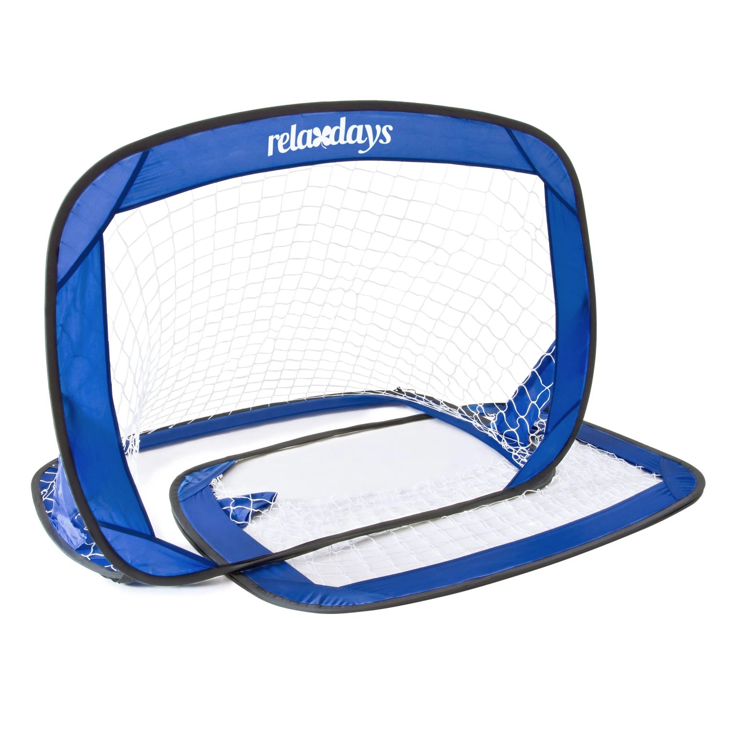 2er Set blaue Relaxdays Pop Up Fußballtore aus Polyester und Fiberglas, selbstentfaltend, mit Tragetasche, je 80x120x80 cm.