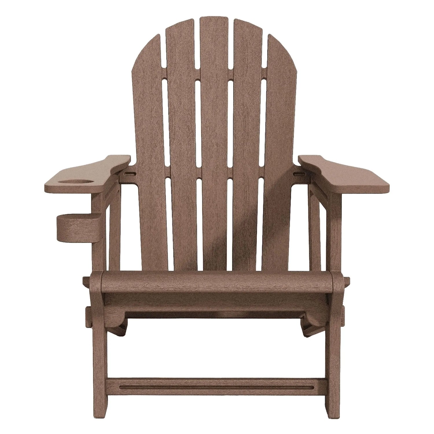 Brauner ML-Design Adirondack Gartenstuhl aus Kunststoff mit Getränkehalter.